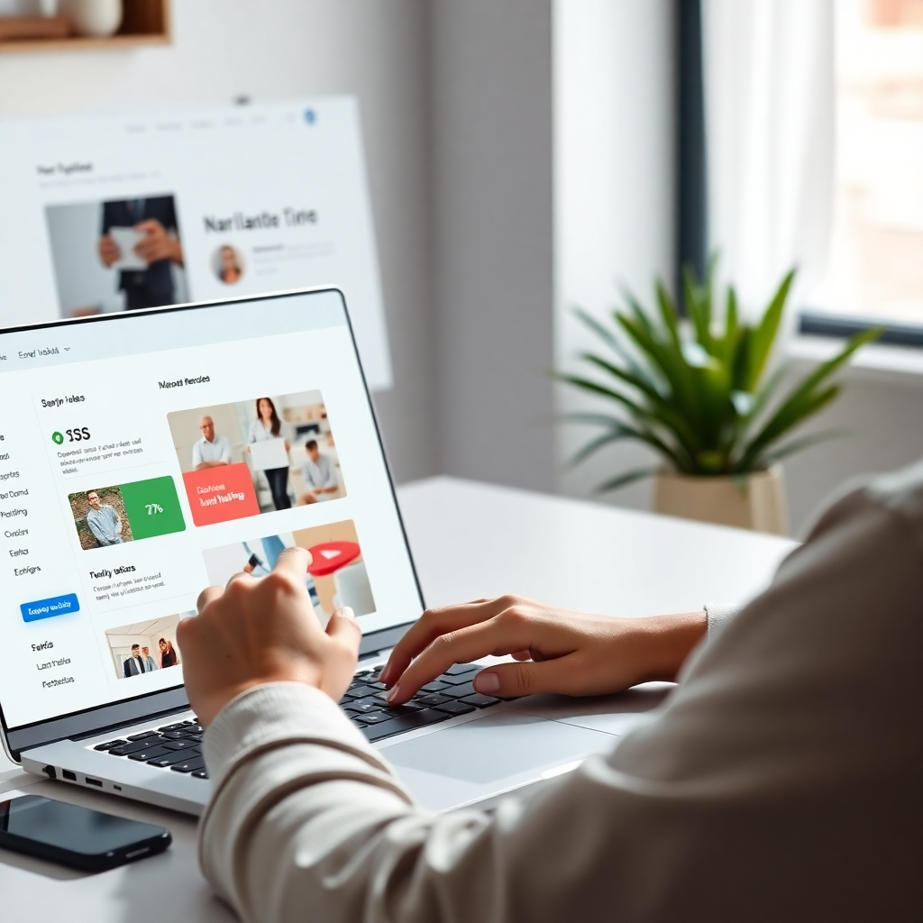 A clean and minimalistic website interface showcasing a user-friendly navigation menu, with clear labels, color-coded sections, and an intuitive layout. The scene should depict a person interacting with a laptop, engaged in navigating through the website seamlessly.