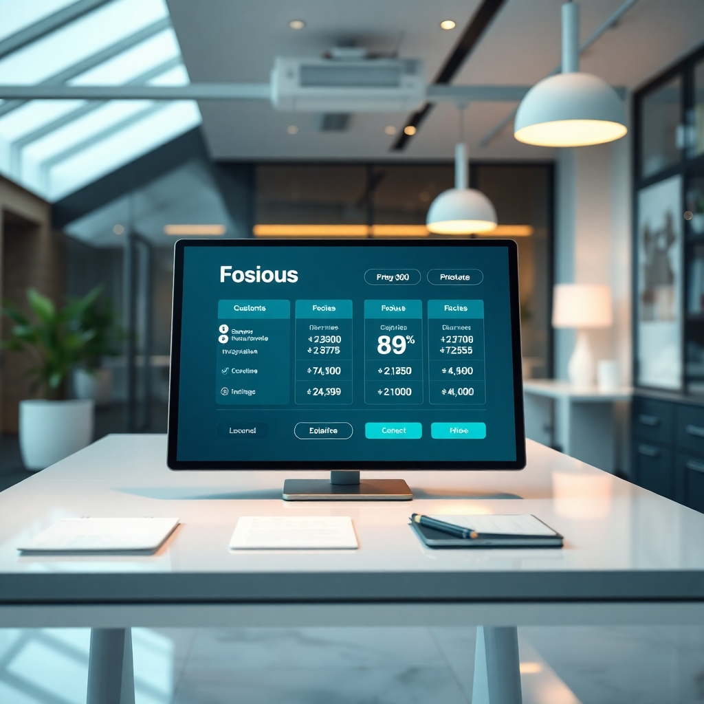 A clean and modern office space displaying a transparent pricing model. Feature a table with visible prices on a sleek digital screen, notes, and customer interactions. The atmosphere should be professional, exuding transparency and clarity.