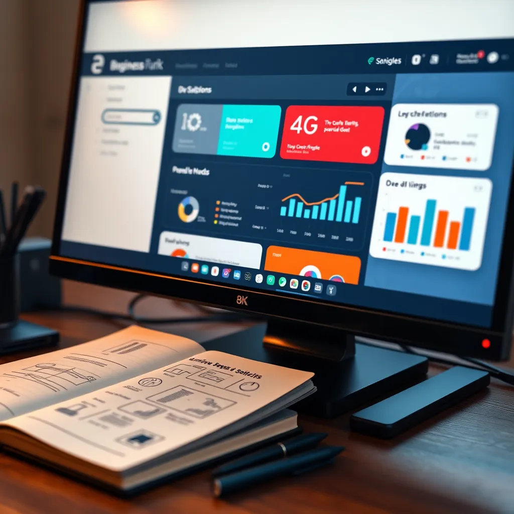 A close-up of a computer screen showing a customized dashboard of a business platform with brand colors and logos, alongside a notebook with sketches of ideas, representing personalization and creativity in business solutions.