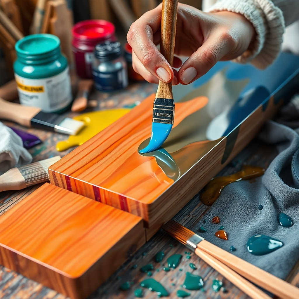 A close-up of a DIY project in the finishing stage, displaying hands applying a glossy finish to a wooden piece. The scene should highlight different types of finishes like varnishes and paints, surrounded by brushes, cloths, and vibrant color palettes, showcasing the transformative effect of finishing touches.