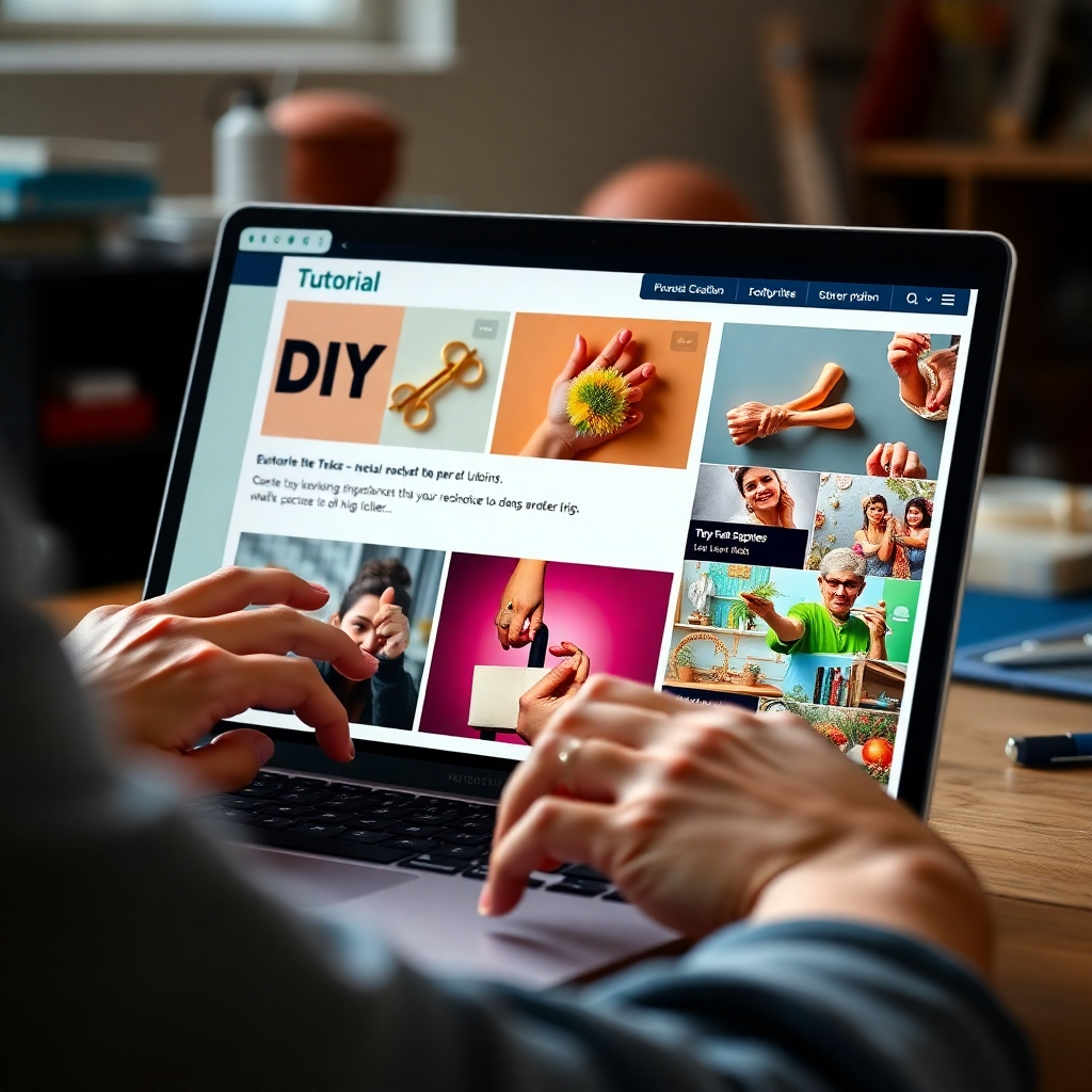 A close-up of a tutorial page on a laptop screen, showing vibrant images and videos of DIY steps, with hands in the background actively working on a craft project, emphasizing the interactive and supportive nature of DIY learning.