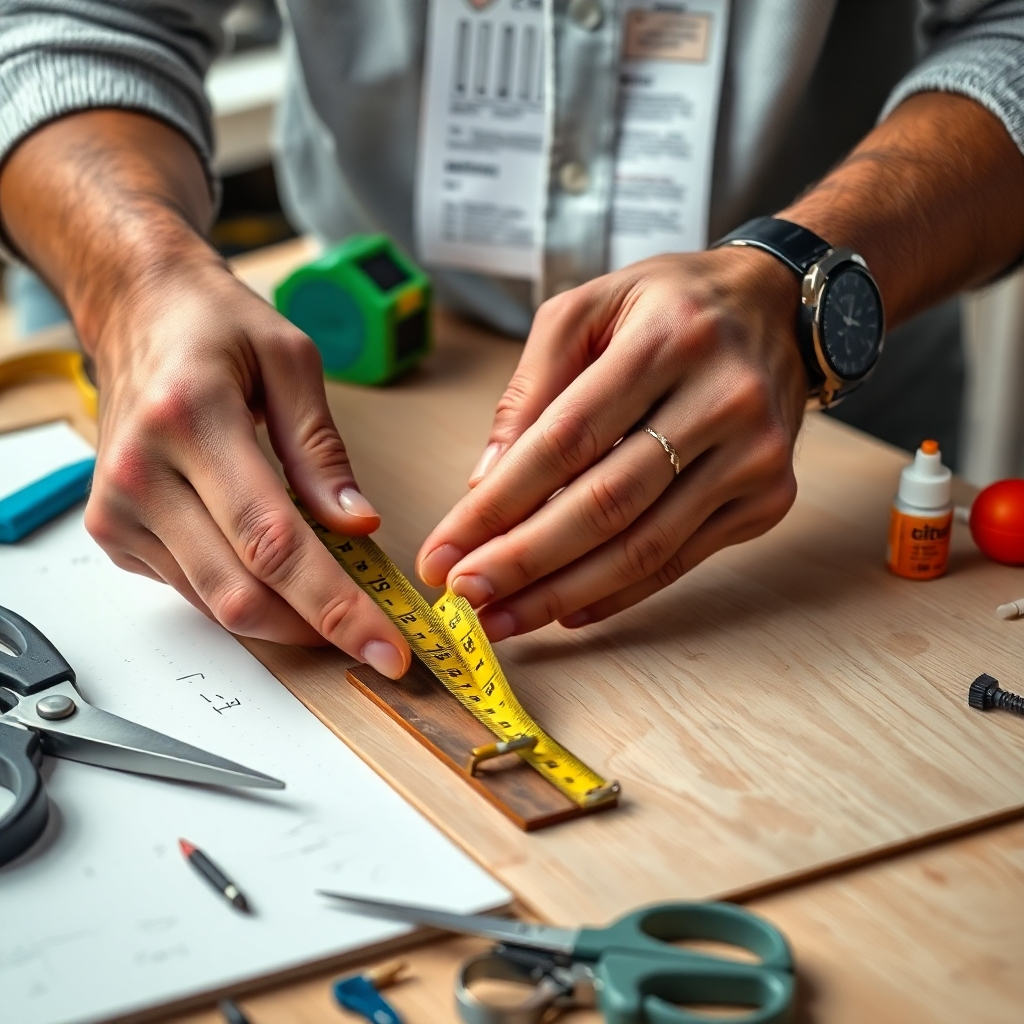 A close-up of hands actively engaged in a DIY project, measuring and cutting materials. A well-organized workspace with tools like a tape measure, scissors, and glue, and a notepad with project ideas in the background, conveying a sense of focus and craftsmanship.