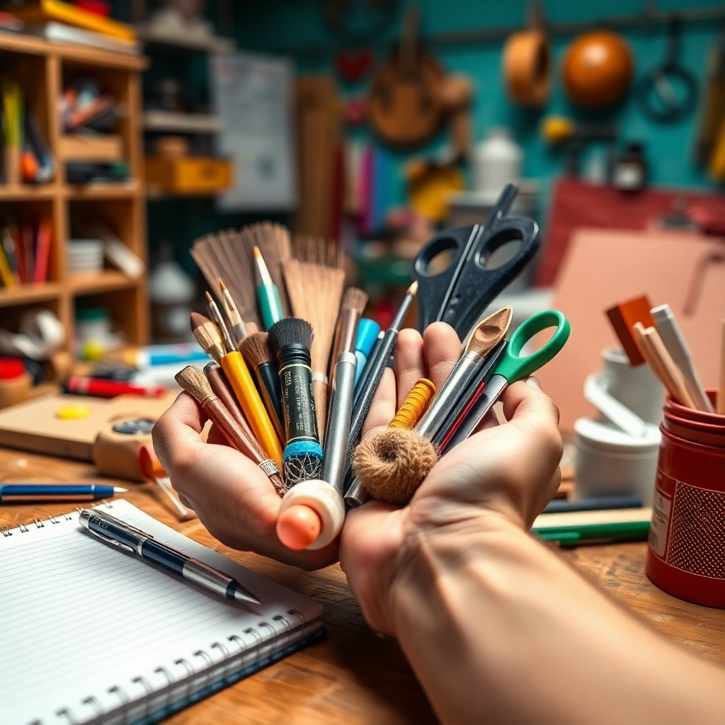 A close-up of hands showing various DIY materials and tools, with a notebook and pen beside them. The environment is a lively workshop filled with colors, where ideas come to life, suggesting creativity and problem-solving.