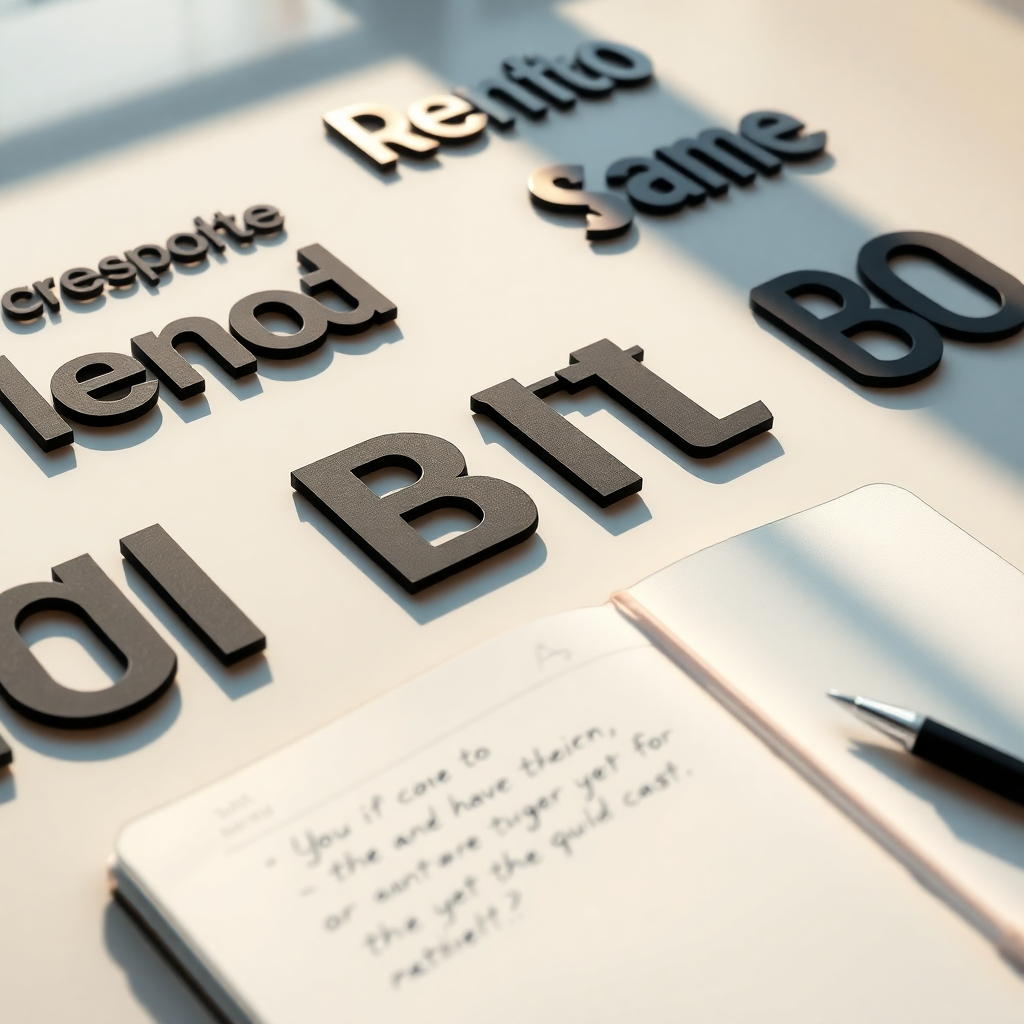 A close-up of various typography samples laid out on a sleek surface. Include different fonts displaying brand messages with hints of shadows and light; an elegant designer’s notebook with hand-written notes is also in the frame, emphasizing the design process.