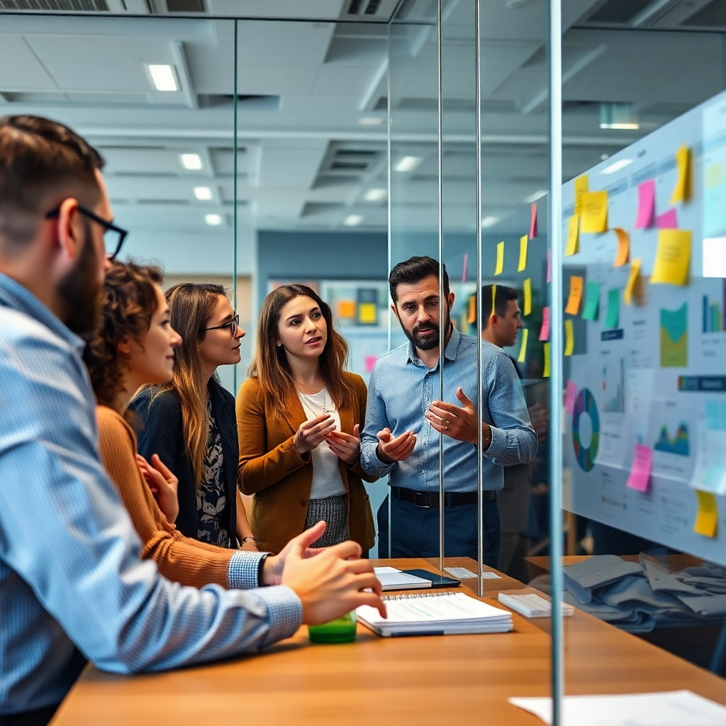 A close-up shot of a modern office space featuring a brainstorming session with diverse professionals engaged in deep discussion. There are sticky notes on a glass wall, colorful diagrams, and charts, creating an atmosphere of creativity and collaboration.