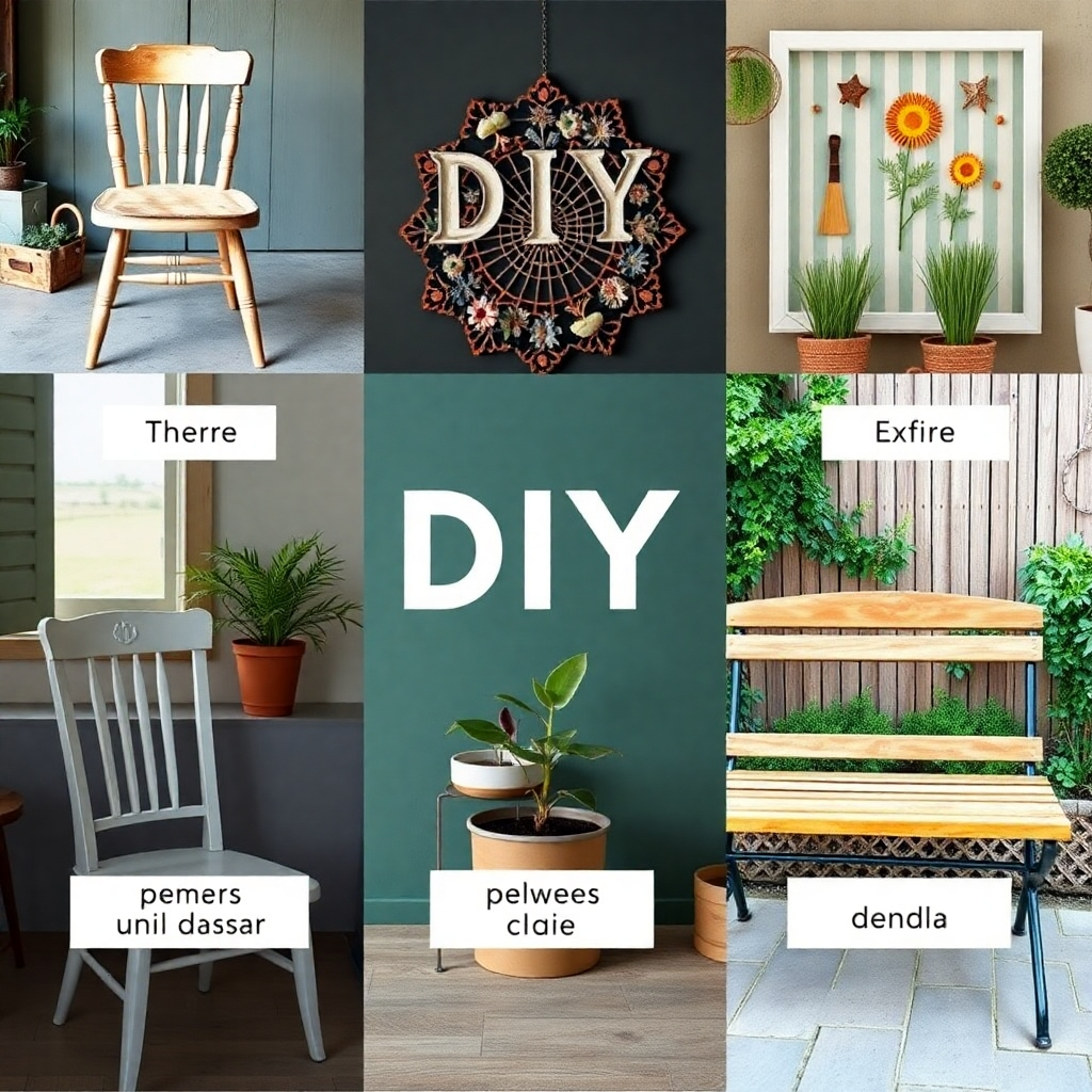 A collage-like image showing various DIY projects, including a repaired chair, a handmade wall decoration, and a renovated garden bench, with each project labeled for clarity, expressing diversity in DIY creativity.