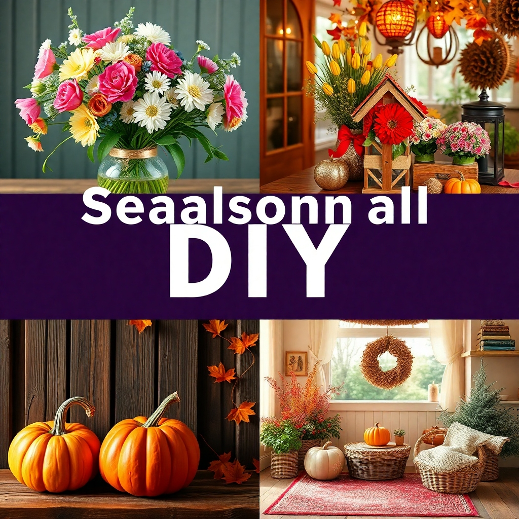 A collage of seasonal DIY projects, featuring spring flower arrangements, summer outdoor decorations, autumn pumpkin crafts, and winter cozy decor. The background should change seamlessly to reflect the four seasons, highlighting the versatility of DIY.