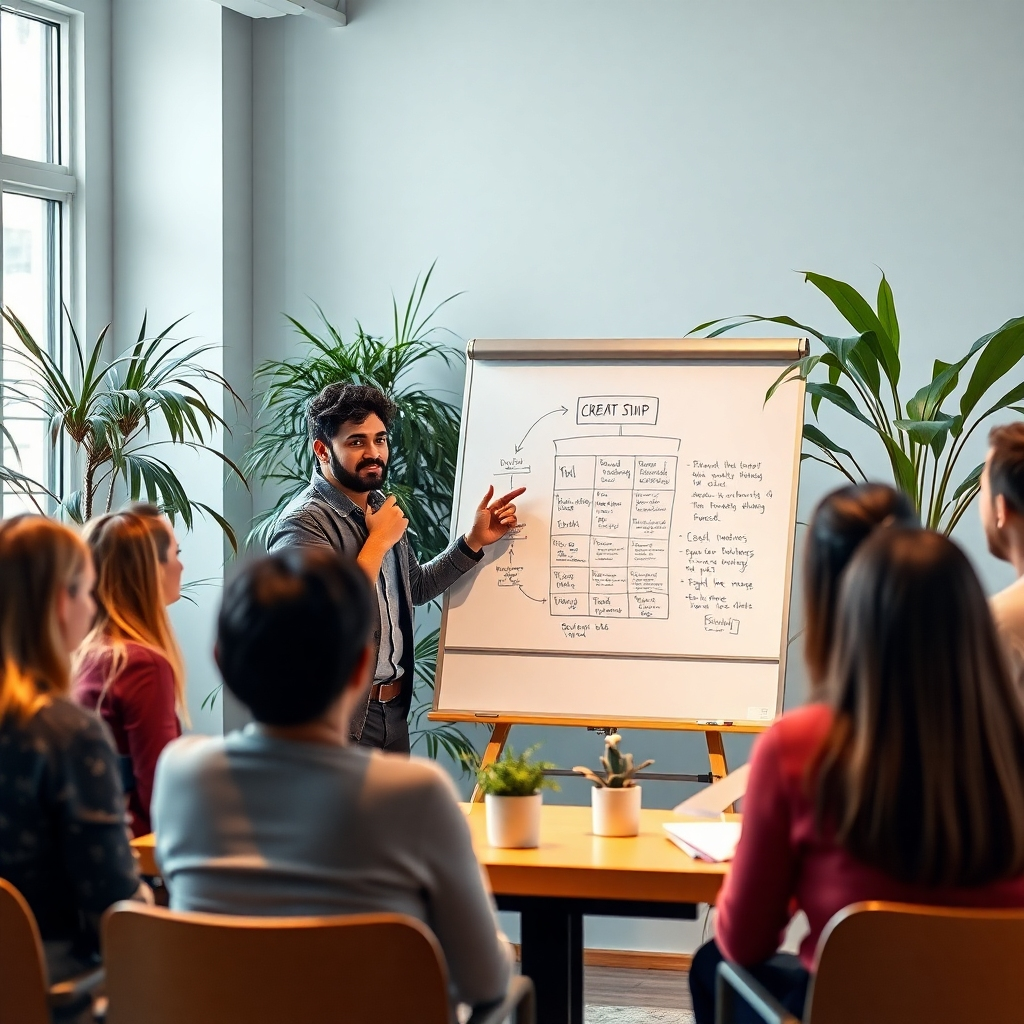 A confident team member presenting a creative project on a whiteboard to an engaged audience of colleagues. The setting is a bright, modern office space with plants, showcasing an atmosphere of empowerment and creativity.
