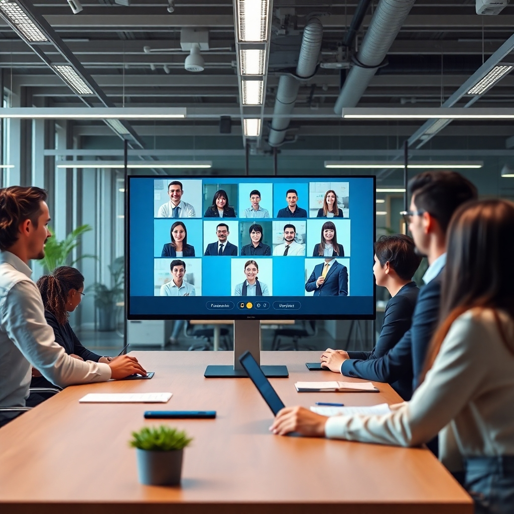 A contemporary HR office scene with an AI virtual assistant conducting candidate interviews on a screen. The backdrop features a modern workspace with HR professionals discussing strategies, showing a mix of technology and human interaction.