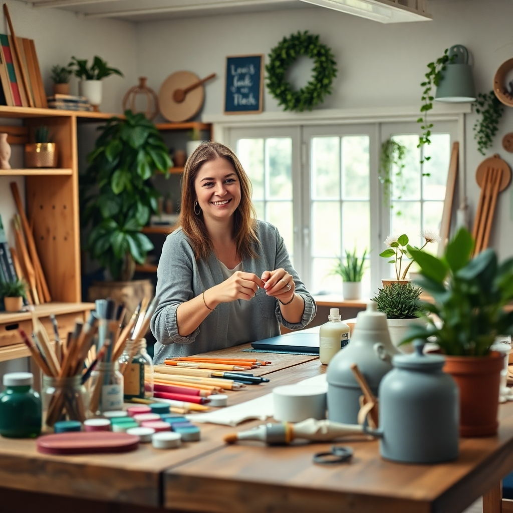 A cozy and bright workshop setting featuring a wooden table filled with DIY tools such as paint, brushes, and plants. A woman, resembling Lily White, is demonstrating a crafting technique, smiling and surrounded by finished projects like home decor items.