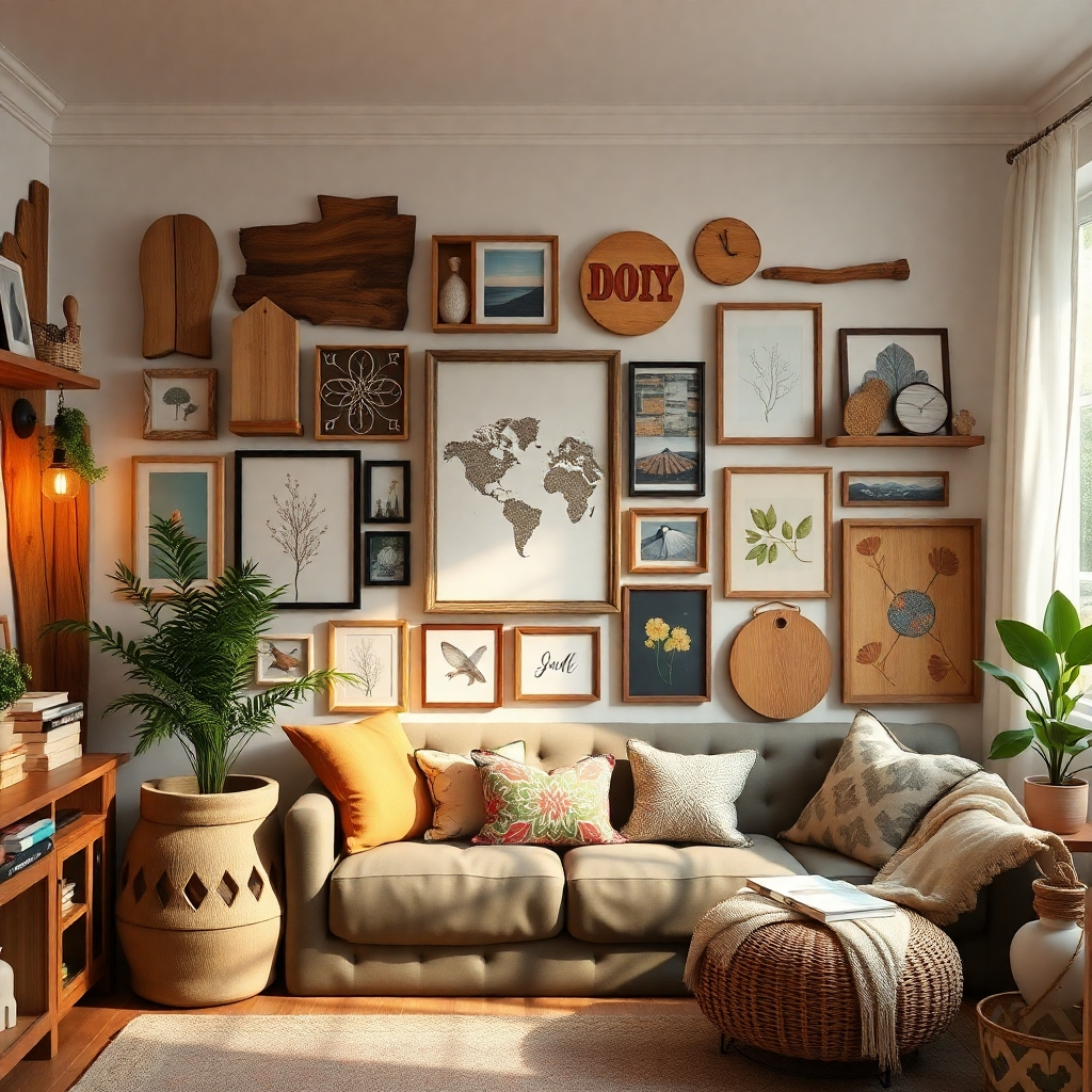 A cozy home environment featuring different DIY projects reflecting various styles. Include rustic wooden crafts, modern minimalist designs, and vintage decor items. Showcase a wall adorned with personalized artwork, inviting warmth and creativity into the space.