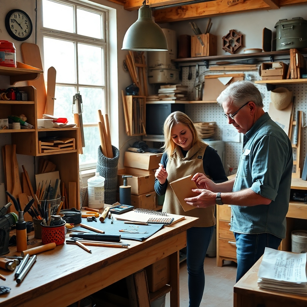 A cozy home workshop filled with various DIY tools and materials, featuring a friendly woman explaining a project to a curious person. The scene should depict a warm atmosphere with natural light, showcasing detailed DIY projects in progress.