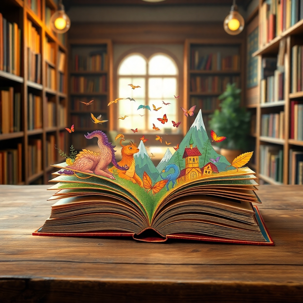 A cozy scene of an open storybook on a wooden table, with vibrant, hand-drawn illustrations of fantastical creatures and landscapes spilling out of the pages. The background should include a warm, softly lit library with shelves of books.