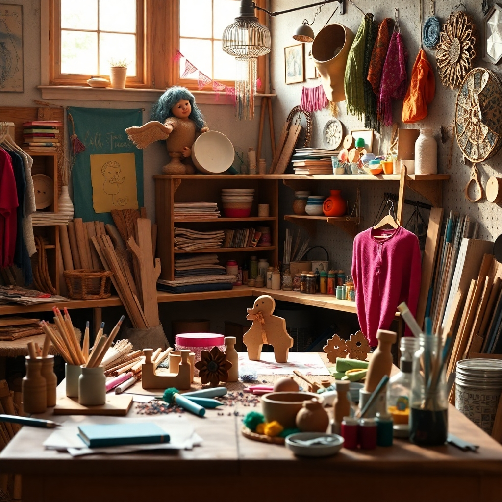 A cozy workshop filled with vibrant colors and various DIY materials like wood, fabric, and paints. An artist is working on a unique craft project at a wooden table, showcasing creativity and inspiration, with sunlight streaming in through a window.