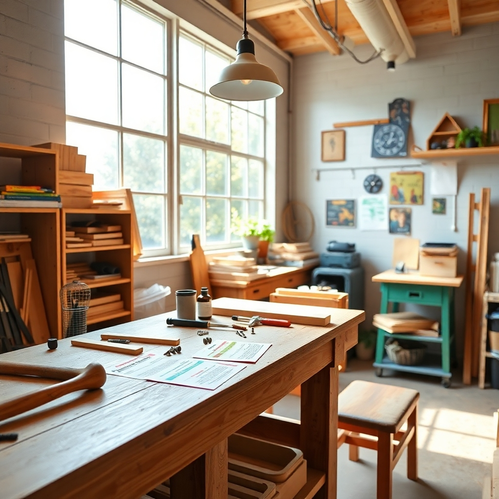 A cozy workshop space filled with bright natural light, featuring a beginner-friendly DIY project setup. Show a workbench with basic tools like a hammer, screws, and wooden planks, along with colorful instruction sheets, emphasizing a welcoming atmosphere for novice DIY enthusiasts.