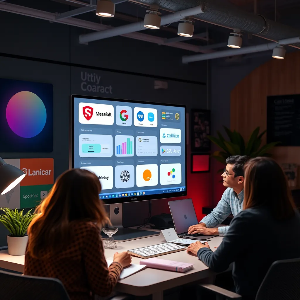 A creative workspace showcasing branding elements. Include a computer screen displaying a customizable dashboard with logos, colors, and themes that represent various companies, surrounded by brainstorming team members discussing ideas.