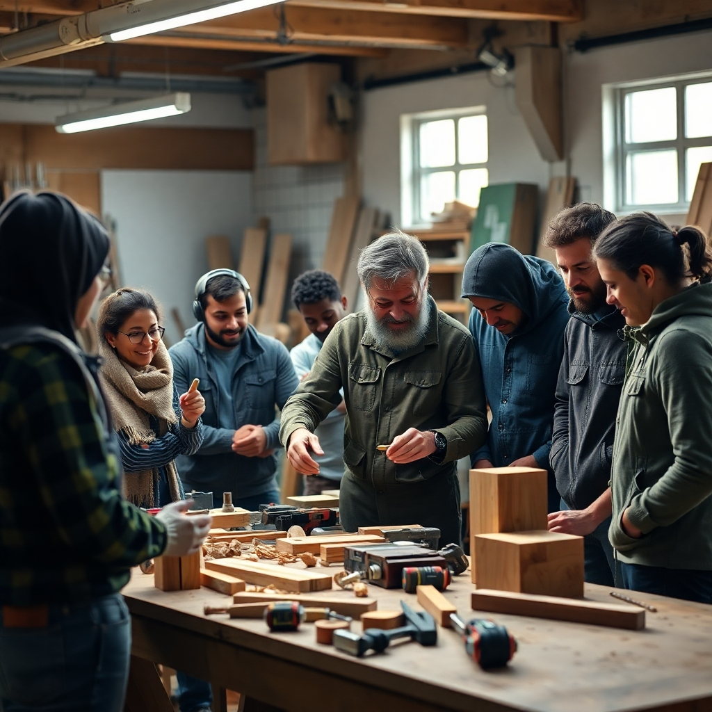 A detailed image depicting a group of diverse DIY enthusiasts gathered around a workbench. An expert is demonstrating a woodworking technique with various tools and wooden pieces, emphasizing collaboration and learning in a well-lit workshop setting.