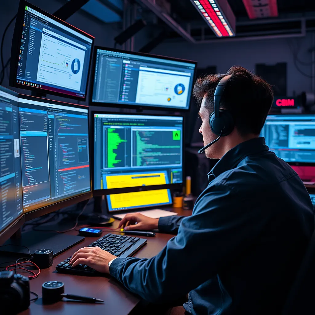 A detailed image of a developer in front of multiple screens, coding and designing custom features for a software platform. Each screen shows different modules and dashboards. The workspace is tech-intensive, filled with gadgets and design tools.
