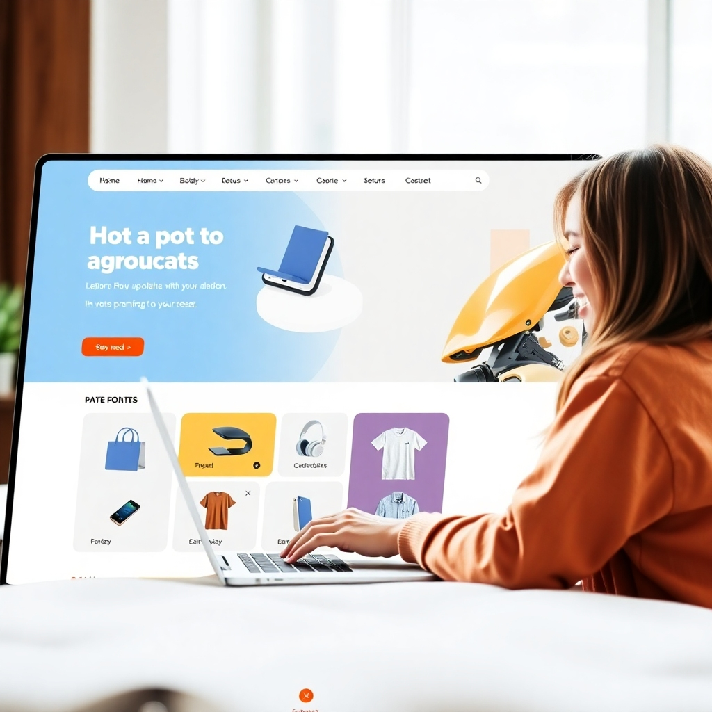 A detailed image of a modern website layout with a clear and user-friendly navigation menu. The home page should showcase various product categories with bright colors and easy access buttons. Include a person happily browsing the site on a laptop, with visual elements that convey ease of use.