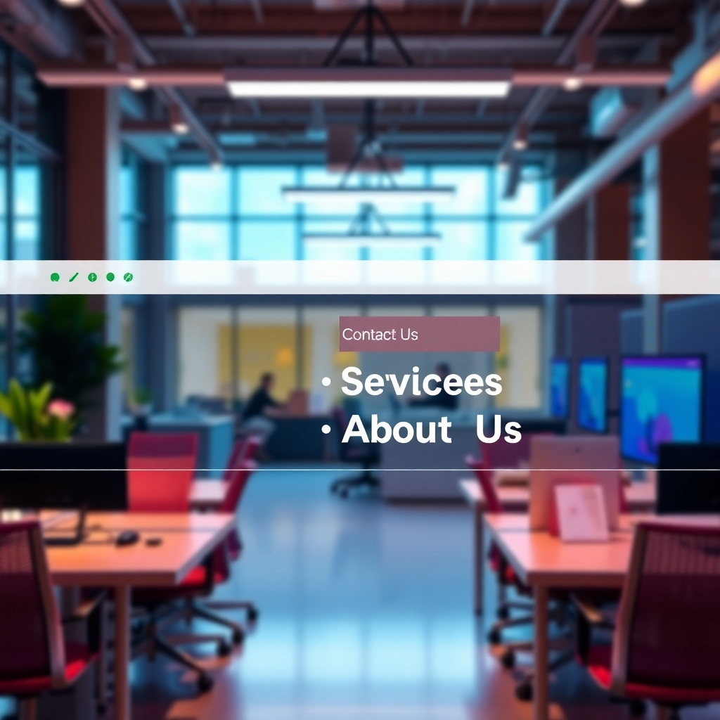 A detailed image of a website featuring a prominent header with quick access links, such as 'Contact Us', 'Services', and 'About Us'. The layout should emphasize usability, with bright colors highlighting these links, set in a vibrant and modern office environment.