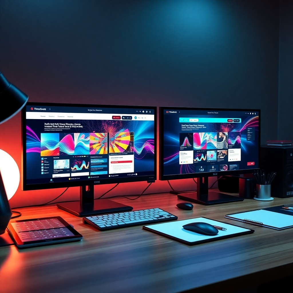 A detailed, photorealistic image of a computer desk featuring two screens displaying innovative web graphics designs, with vibrant colors and interactive elements on the screens, surrounded by design tools like a tablet, mouse, and notebook.
