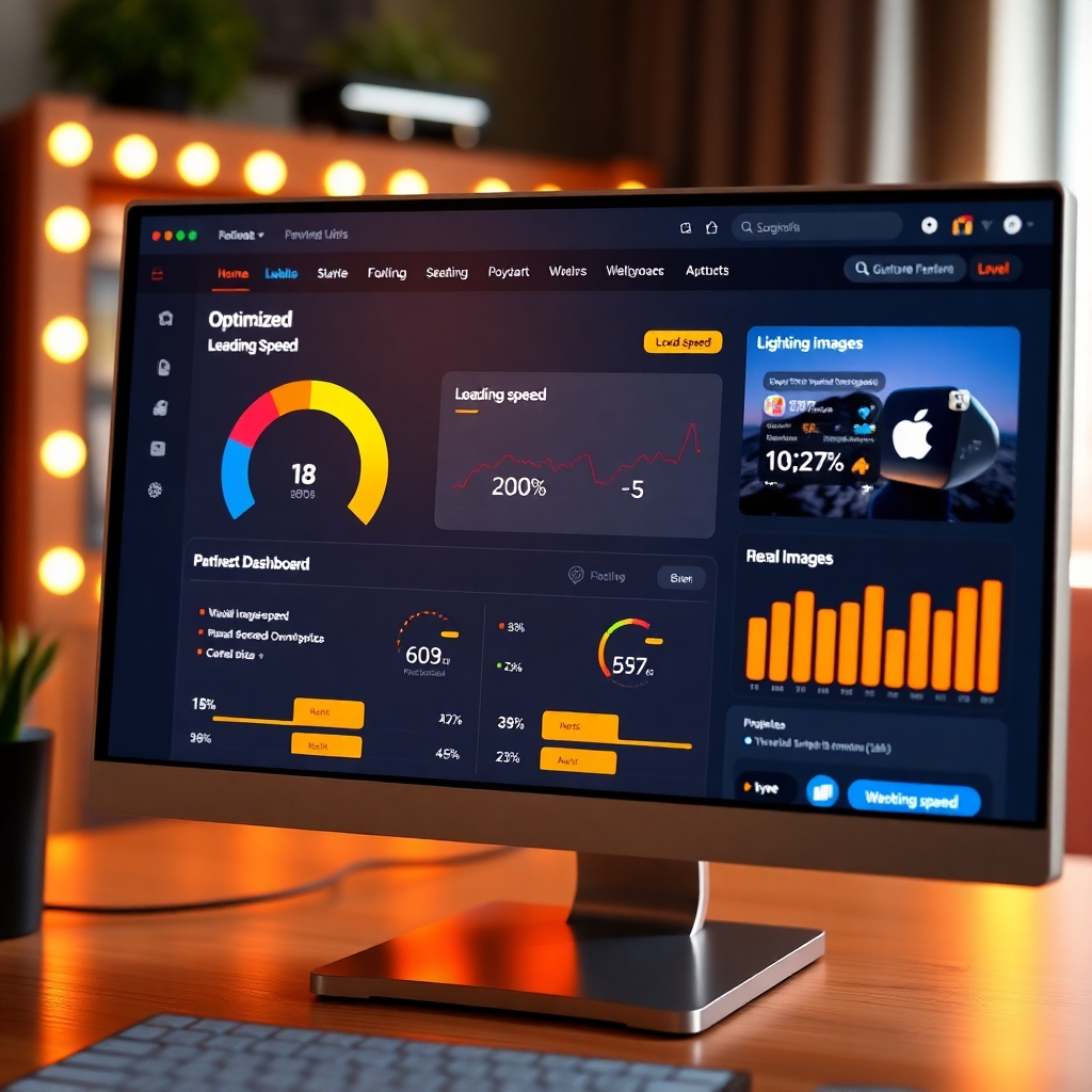 A detailed view of a computer screen displaying a website performance dashboard showing metrics like loading speed and optimized image sizes. Include visual icons representing light web graphics, and emphasize speed and efficiency in web design.