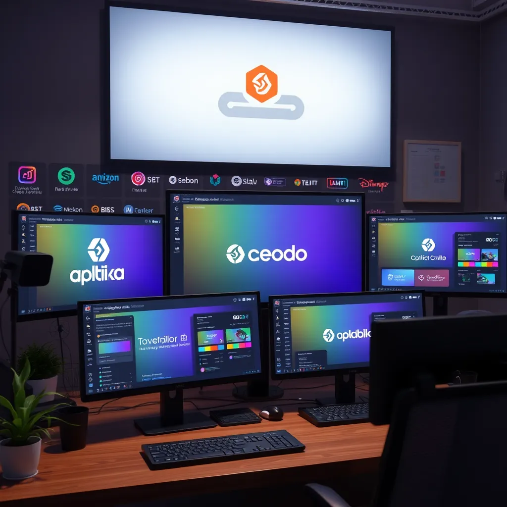 A digital workspace showcasing a customizable software interface with various branding elements. Include logos, color palettes, and user-interface designs being tailored. The scene should convey creativity and customization, showing multiple screens with different designs.