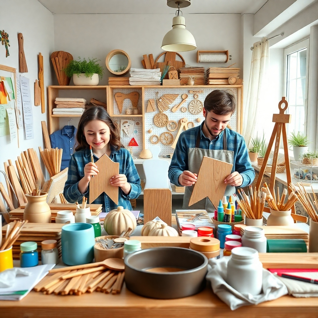 A diverse collection of DIY projects displayed on a bright, organized workspace. Include materials like wood, paint, and fabric, arranged by skill level. Show a beginner happily painting a small wooden project, while an expert crafts a complex design in the background.