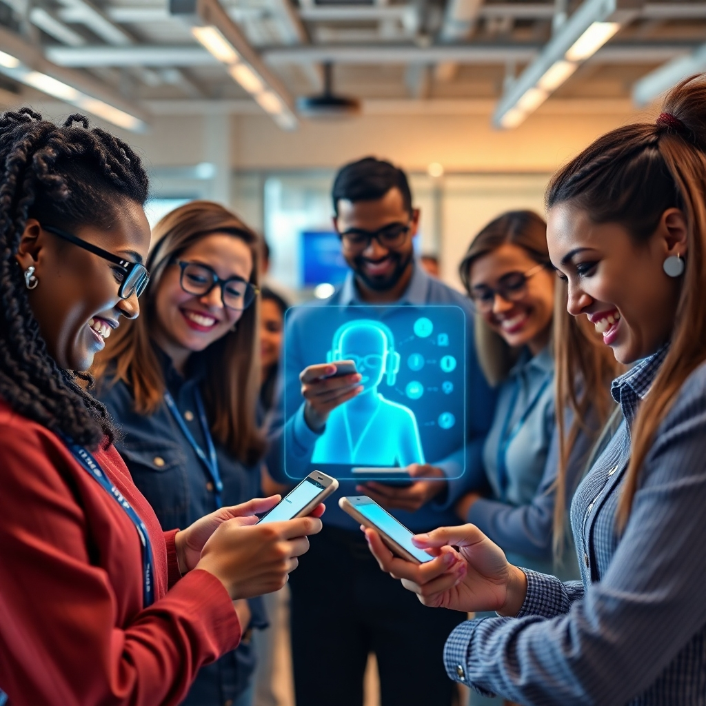 A diverse group of employees happily interacting with an AI-driven virtual assistant on their devices, receiving personalized recommendations and support. Display a vibrant workplace atmosphere with the AI assistant visually represented on screens or as a hologram.