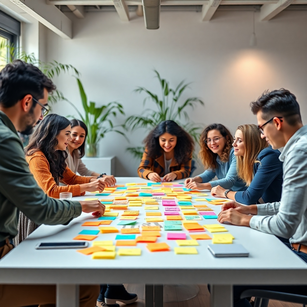 A diverse group of people gathered around a large table brainstorming ideas on colorful sticky notes. The setting is bright and modern, with plants in the background. The atmosphere is lively, showcasing teamwork and collaboration.