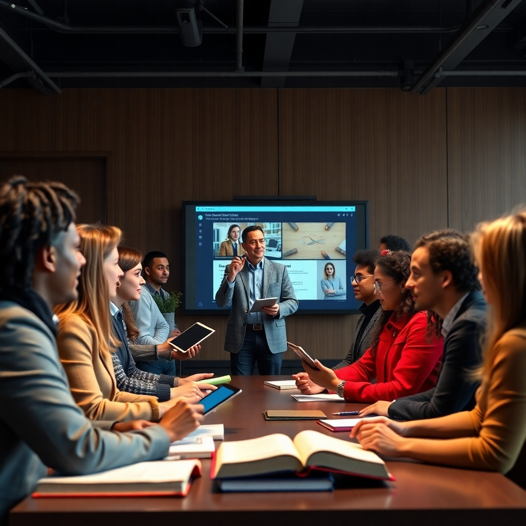A diverse group of professionals engaged in a training session. Display a trainer in front of a digital presentation with various learning materials around, such as books and tablets. Photorealistic style, showcasing enthusiasm for learning and professional development.