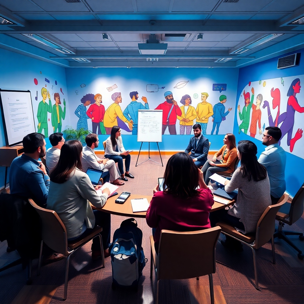 A dynamic communication workshop showcasing participants in role-play scenarios. The arrangement features groups of participants discussing and practicing communication techniques in a semi-circle layout. The lighting is bright and focused, highlighting each group while creating a lively atmosphere. A cool color palette with blues, greens, and splashes of red adds energy to the setting. The camera is positioned at the middle of the room, allowing for a 360-degree view of the interactions. Textures of various props such as notebooks, digital devices, and a flip chart enrich the scene. Background elements include a vibrant mural that emphasizes teamwork and collaboration. The image should be hyperrealistic, formatted in 8K resolution, and captures the essence of teamwork, in the style of a renowned business coach’s promotional material.
