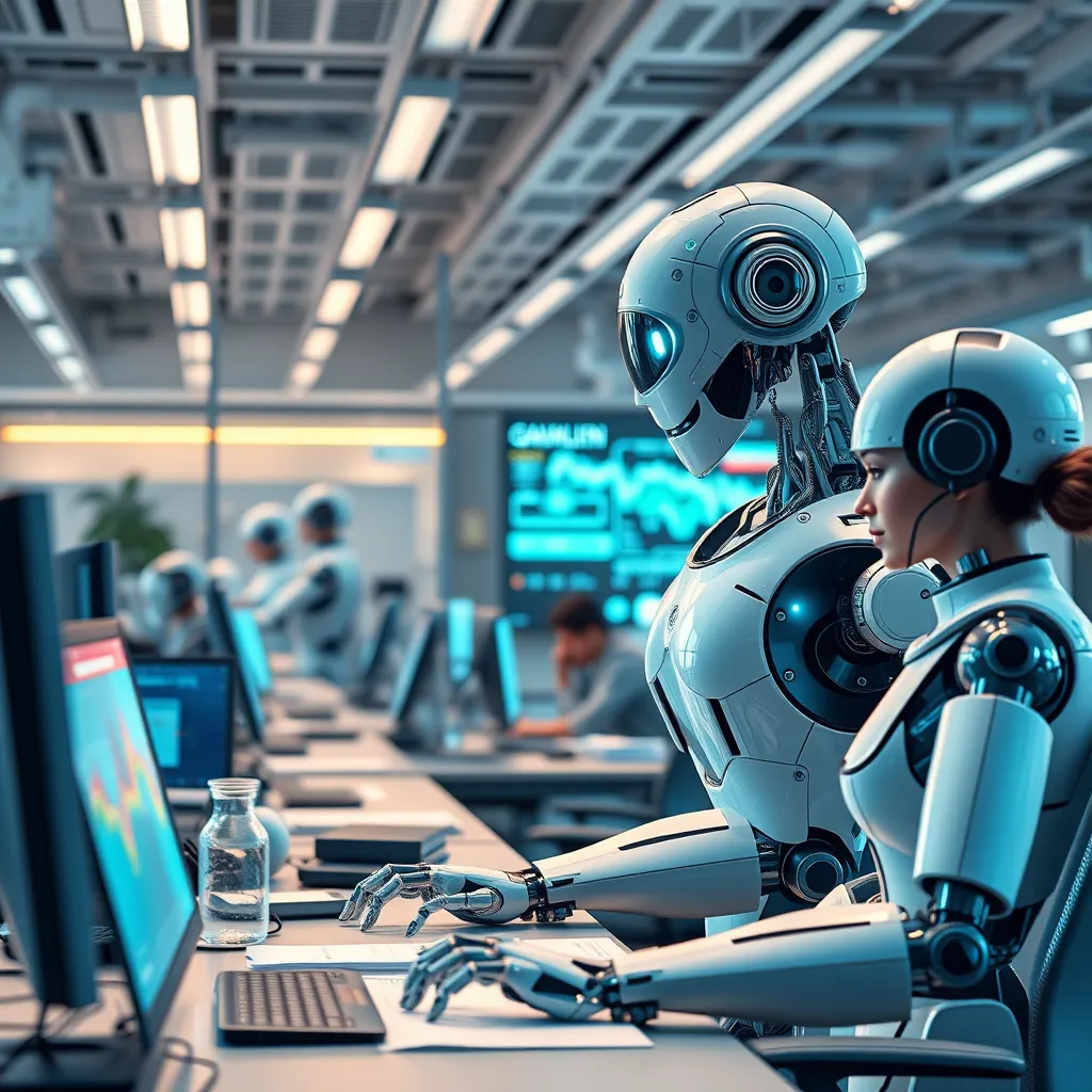 A dynamic image showcasing a futuristic office scene where robots and AI tools are managing various business tasks, like data analysis and customer service. The atmosphere should convey efficiency and a focus on growth, with a clear contrast between manual work and automation.