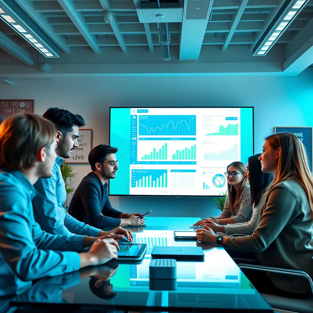 A dynamic marketing team composed of diverse individuals working together in a modern office space. The focus is on a large digital screen displaying graphs and analytics. Soft diffused lighting creates a collaborative atmosphere, with a color palette of blues and greens, symbolizing growth and innovation. The camera angle is slightly above eye level, capturing both the team's interaction and the digital displays. The textures include sleek modern furniture, glass surfaces, and digital devices. Environmental elements include indoor plants and motivational posters in the background. Hyperrealistic style, 8K resolution, ultra-detailed capturing the essence of teamwork and technological advancement.