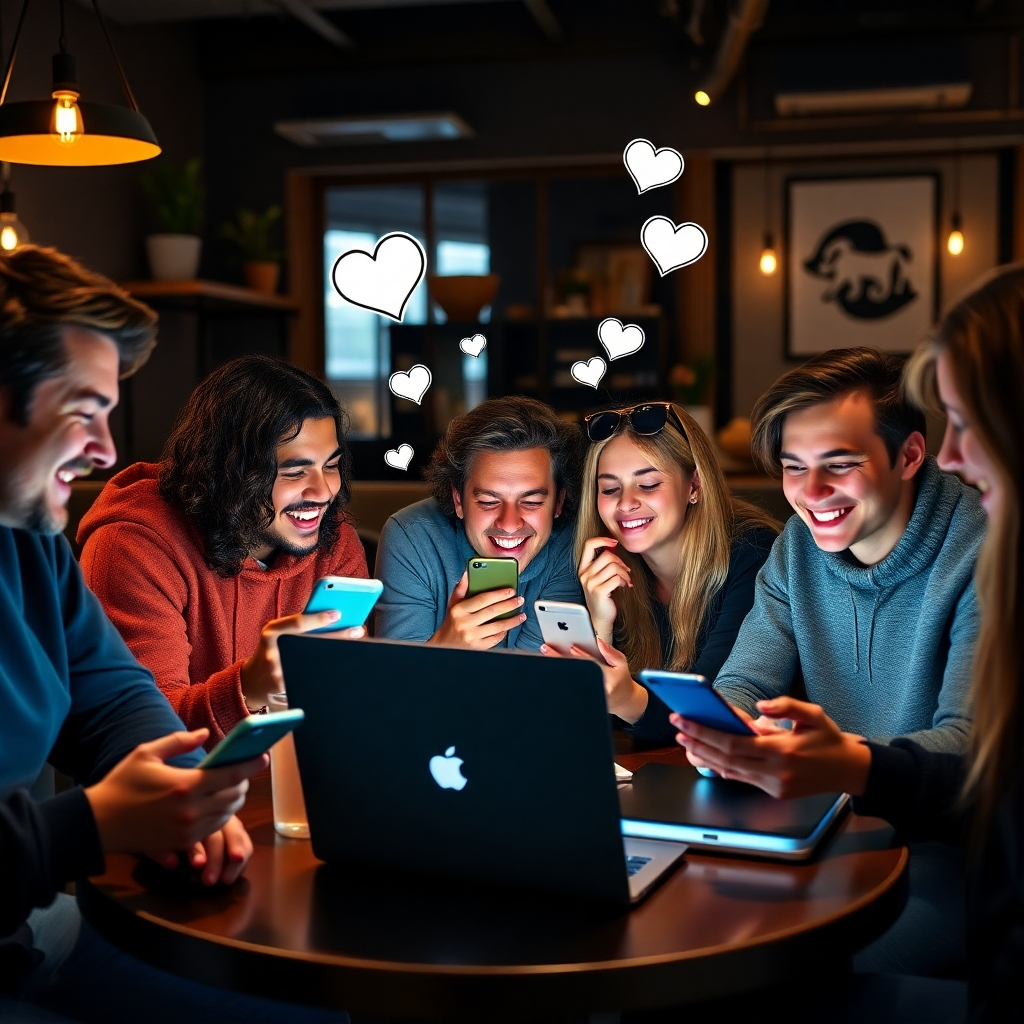 A dynamic scene showing a diverse group of young people using smartphones and laptops in a cozy café, sharing memorable social media posts, laughing, and engaging with the screen, with visible likes, comments, and shares floating around them.