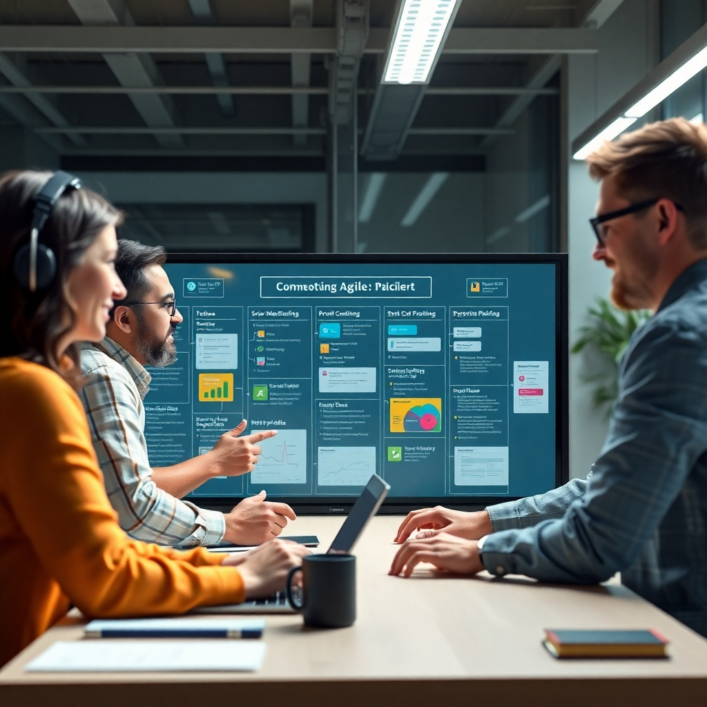 A dynamic team working on a project using agile methodologies. Show a team in a modern workspace, interacting with a digital board filled with tasks, sprint planning, and collaborative tools. Photorealistic style, bright lighting, emphasizing flexibility and teamwork.