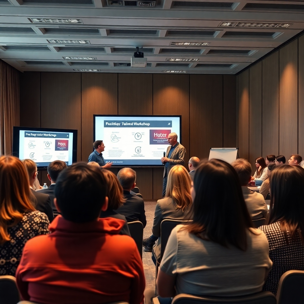 A facilitator presenting tailored workshop content on a screen to an attentive audience. The audience is diverse, with individuals from various backgrounds. The room is equipped with technology, and the presentation materials are visually engaging and informative.