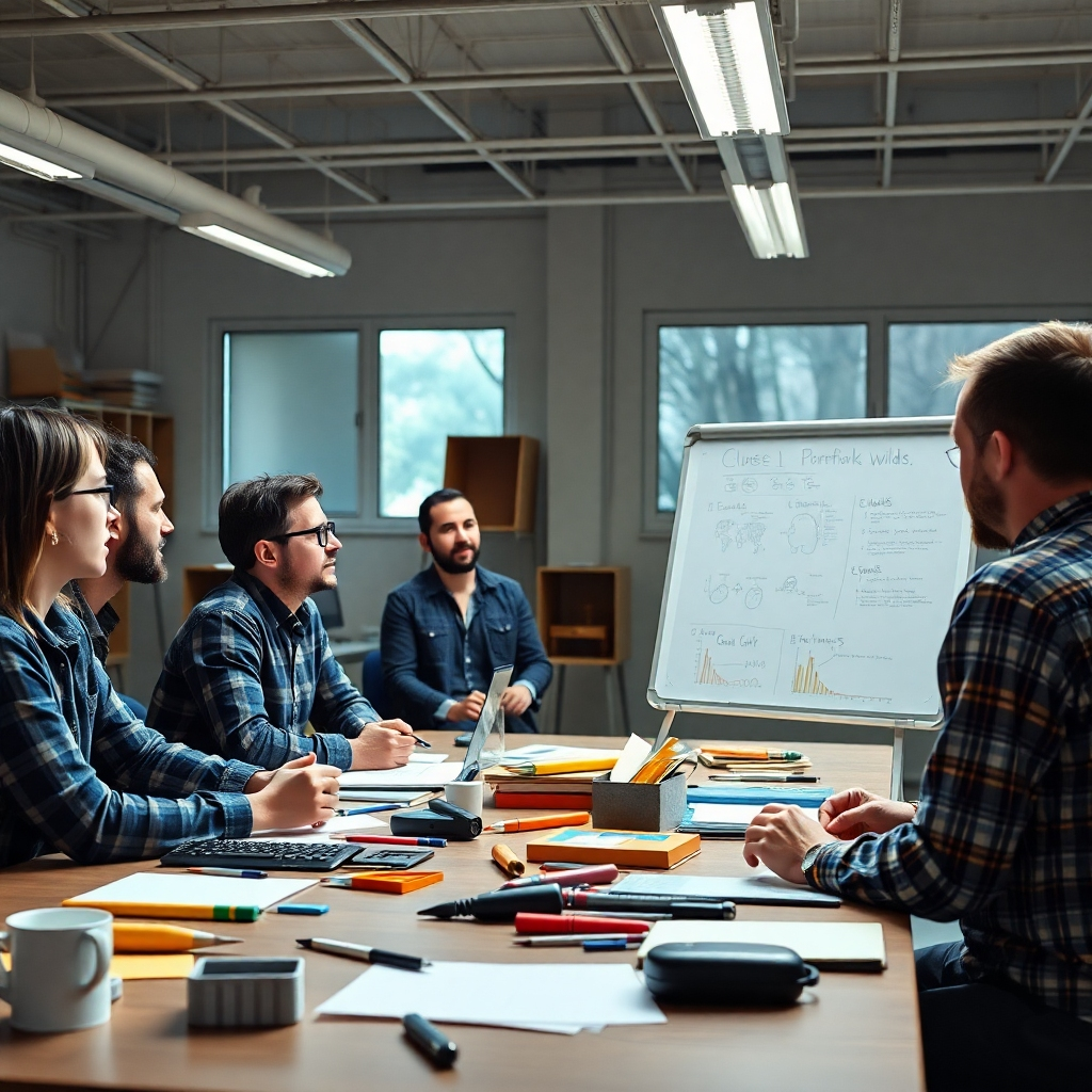 A focused team in a well-lit workspace, working together at a large table filled with tools and resources. One person is giving a presentation at a whiteboard, while others take notes, looking engaged and interested in developing their skills.