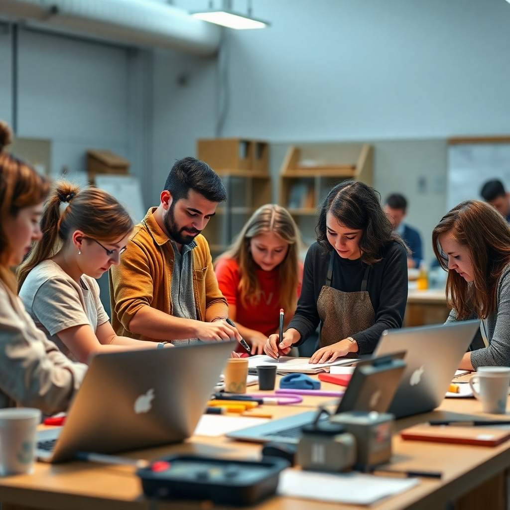 A focused workshop environment where participants are engaged in hands-on activities, learning new skills. Include visuals of tools and technology being used, such as laptops and project materials, reflecting a strong sense of professional development and teamwork.
