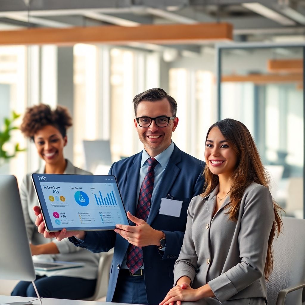 A friendly HR officer using an AI interface to customize employee training programs, featuring a digital dashboard with personalized suggestions, happy employees engaged in learning, and a bright, inspiring office environment.