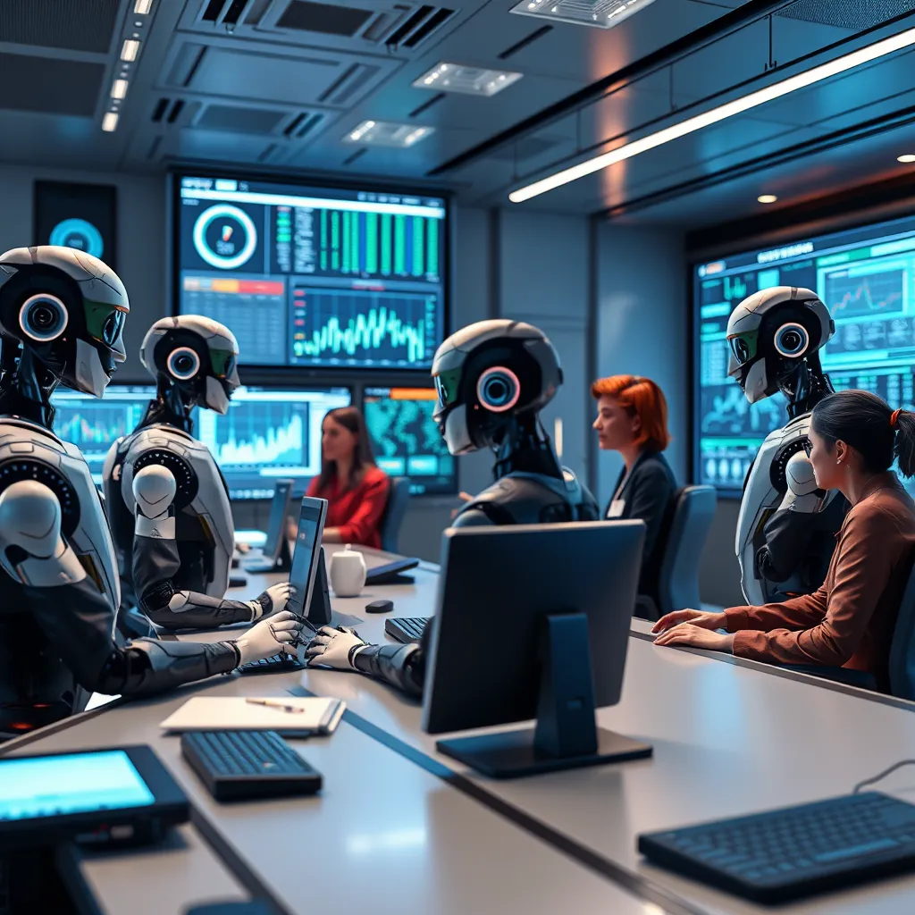 A futuristic control room with multiple AI team avatars operating different tasks. Display screens showing analytics and real-time data processing. Include a diverse group of professionals interacting with AI assistants, conveying collaboration and advanced technology.