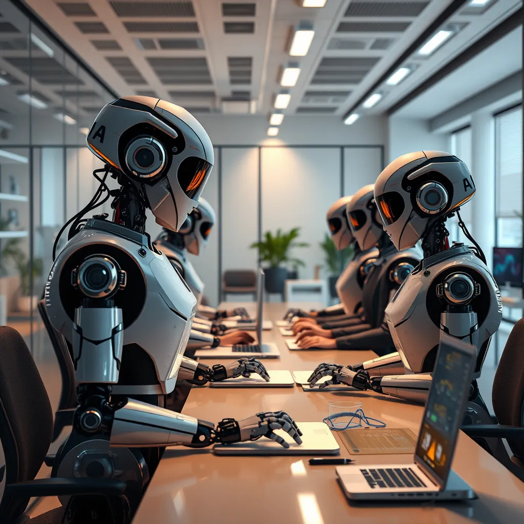 A futuristic office with robotic assistants helping a team of professionals in various tasks like marketing strategy and administrative duties, emphasizing collaboration between humans and AI, under soft and inspiring lighting.