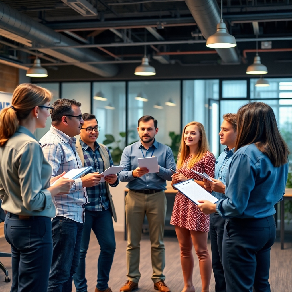 A group of employees engaged in active communication, standing in a circle in an office setting. They are sharing ideas and feedback openly, with notepads in hand, emphasizing a culture of communication and collaboration in a vibrant workspace.
