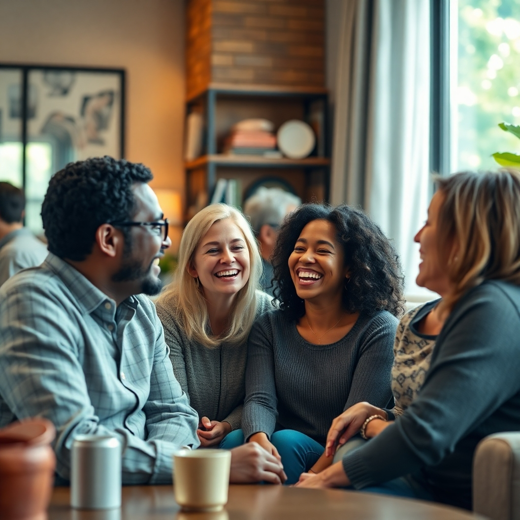 A heartwarming scene of diverse people interacting joyfully in a comfortable setting. Capture the emotions of connection and trust, with a focus on smiles and engagement, illustrating the human side of my ideas and services in a warm, inviting environment.