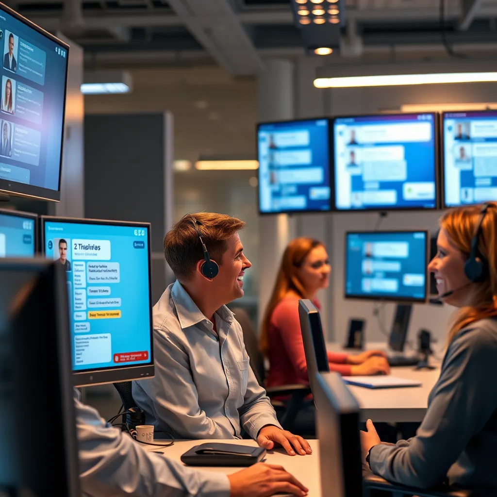 A high-energy customer service center with AI-powered assistants helping human agents. Depict screens filled with chat interfaces showing fast responses, along with satisfied customers interacting through various channels like phone, chat, and email.
