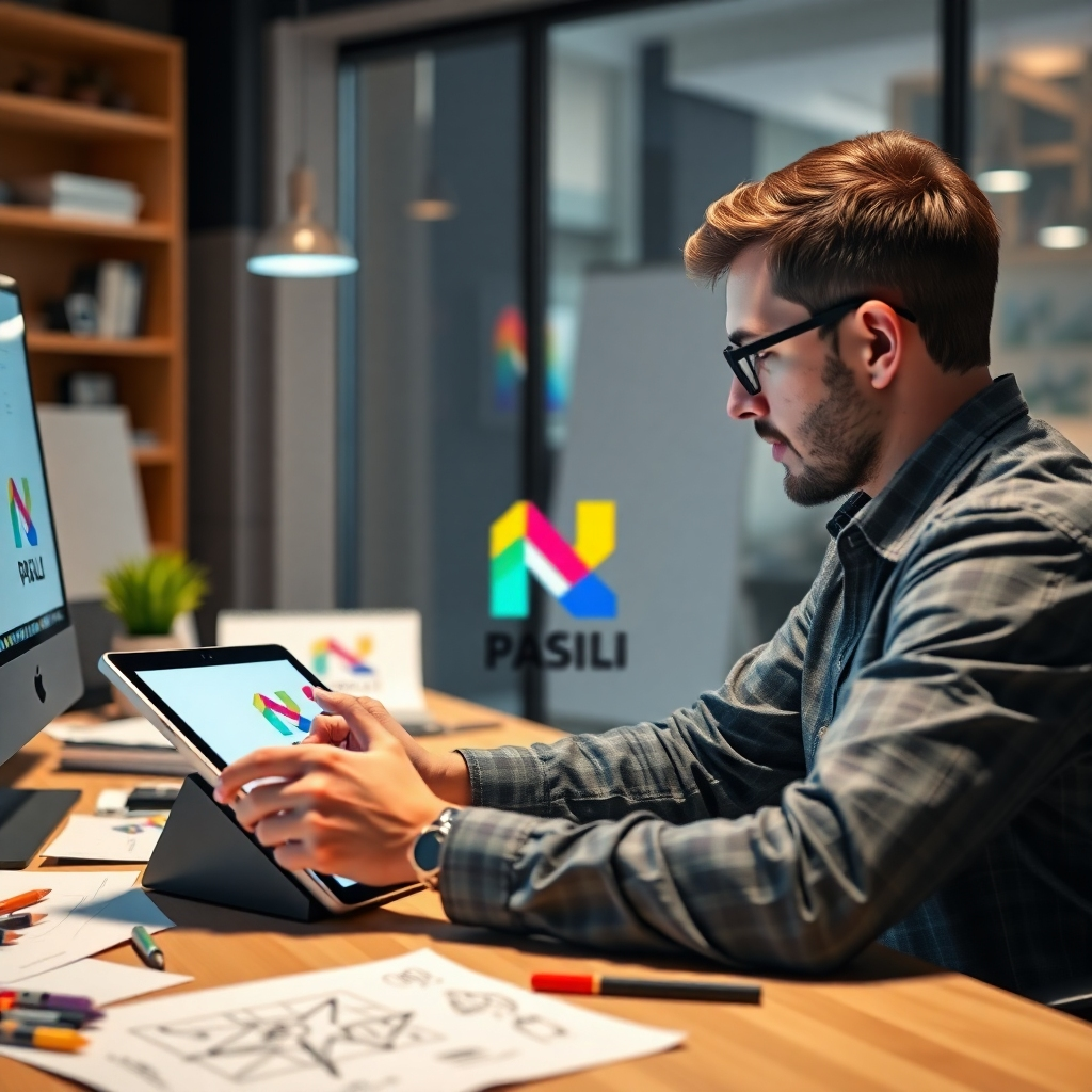 A high-quality, photorealistic image of an office workspace showcasing a designer at work, creating a vibrant logo on a digital tablet. The logo needs to be colorful and abstract, featuring geometric shapes and creative typography, with sketches scattered around.