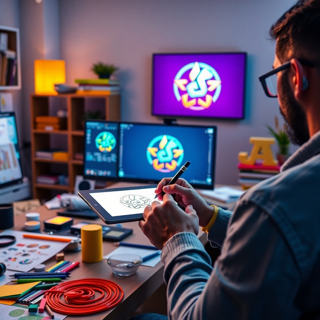 A high-quality, photorealistic image of a unique logo design process in a modern workspace. An artist is sketching on a tablet, surrounded by colorful design materials, with a vibrant logo displayed on the screen.