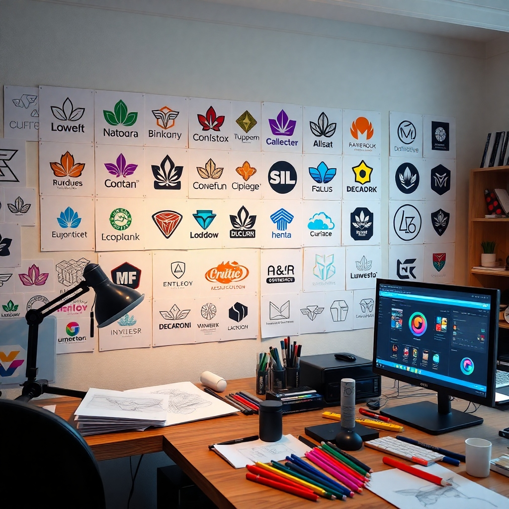 A high-quality, photorealistic image of an artist's workspace, showcasing a range of unique logo designs on a wall. Include sketches, digital screens with logo designing software open, and colorful inks scattered around, highlighting creativity and meticulousness.
