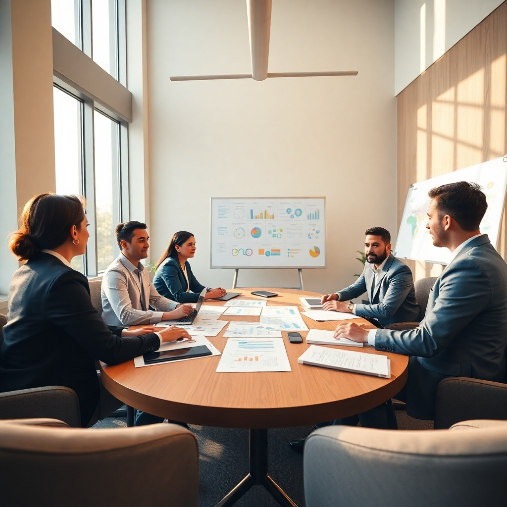 A high-resolution image depicting a strategic planning session in a contemporary office. The scene is illuminated by natural morning light streaming through large windows, creating an inviting and productive environment. Soft earth tones of browns and greens create a sense of comfort and focus. The perspective is eye-level, capturing a diverse group of professionals seated around an oval table covered with strategic documents and digital devices. The textures of fabric and glass emphasize the sophisticated ambiance, and a whiteboard filled with colorful strategic diagrams is visible in the background. The scene echoes the style of modern corporate media, aim for ultra-detailed visuals in 8K resolution.