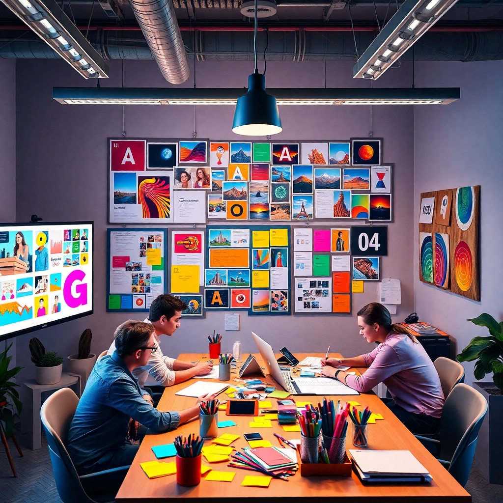A high-resolution image of a creative workspace showcasing bold, colorful graphics on screens, mood boards filled with pictures and colors, and designers collaborating over a table, surrounded by art supplies and vibrant post-it notes.